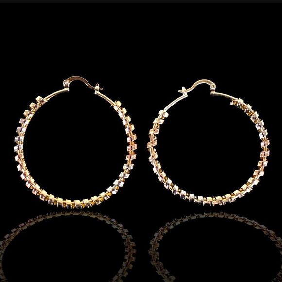 18K Gold-Filled Tricolor Spiral Cord Hoop Earrings Coil Spring Earrings - Picture 1 of 4